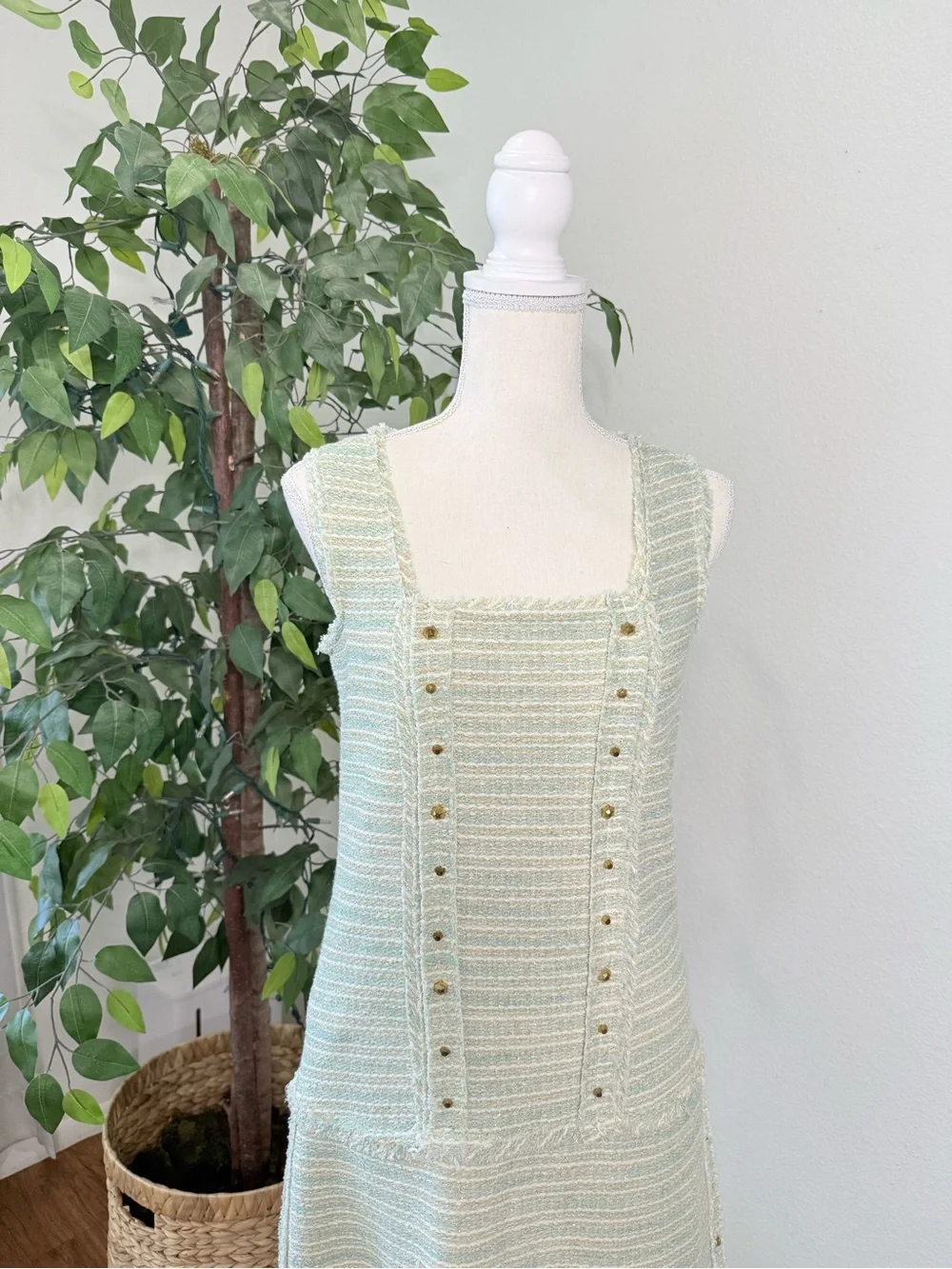 Zara Tweed Mini Dress Size Medium Mint Green White Gold - Picture 4 of 11